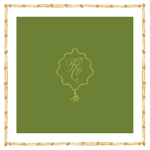 May include: A square print featuring a solid olive green center with a light green decorative border and a central monogram of the letters RC in cursive script, finished with a tassel detail, all framed by a bamboo-style border.