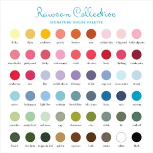 May include: A Rawson Collective signature color palette chart featuring a grid of fifty-four circular color swatches arranged in six rows of nine. Each circle is labeled with a unique name in black text, showcasing a wide spectrum of hues.