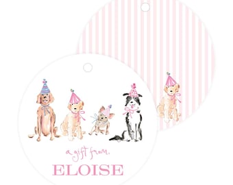 Girl's Birthday Dog Circle Tags, Custom Personalized Gift Tags, Pink Watercolor Puppy Dogs, Happy Birthday Gifting Cards, Luxury Gift Tags