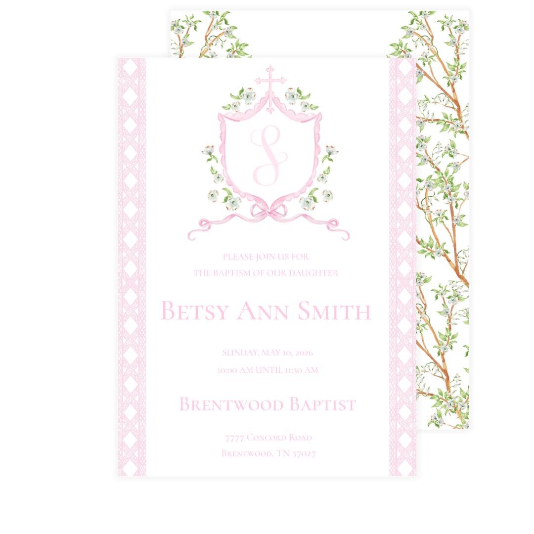 Printable Baby Girl Baptism Invitation, Watercolor Floral Dogwood Crest ...