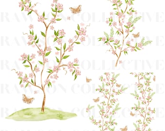 May include: A watercolor illustration featuring a tree with pink blossoms and green leaves on a grassy patch, accompanied by separate flowering branches and several brown butterflies, with the text RAWSON COLLECTIVE overlaid.