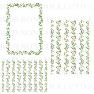 May include: A digital graphic set featuring a rectangular frame and multiple vertical border strips decorated with a repeating pattern of green holly leaves and small red berries, all set against a plain white background with a watermark.