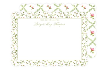 PROFESSIONALLY PRINTED | Newborn Nursery Stationery, Scallop Die Cut Custom Personalized Cards, Watercolor Pink Floral Notecards for Mom
