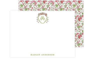 Palm Springs Crest Stationery, Custom Monogram Personalized Stationery, Watercolor Floral Notecards, Pink and Green Ditzy Floral Stationery