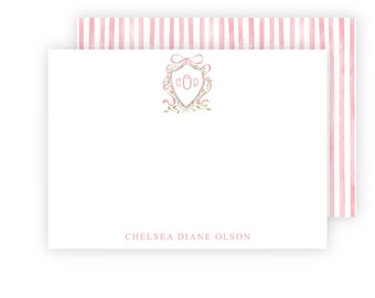 Woven Ribbon Crest Stationery, Custom Personalized Stationery, Monogram Watercolor Notecards