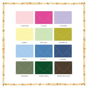 May include: A grid of twelve rectangular envelopes in various colors, each labeled with its name: Candy Pink, Fuchsia, Lavender, Sorbet, Pistachio, Chartreuse, Azure, New Blue, Sapphire, Mid Green, Forest Green, and Bitter Chocolate, framed by bamboo.