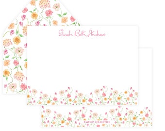 Papelería floral fucsia, papelería personalizada para mujeres, tarjetas de notas tradicionales clásicas, forros de sobres florales