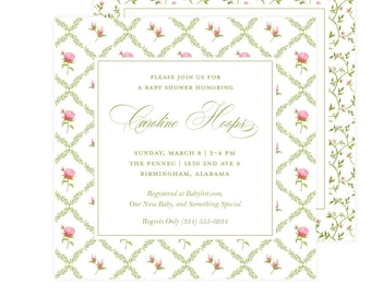 May include: Baby shower invitation with a floral pattern of pink roses and green foliage on a white backdrop. The invitation text reads "Please join us for a baby shower honoring Caroline Hoops."