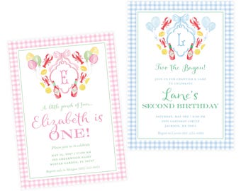 Crawfish Birthday Invitation: Watercolor Blue or Pink Invite, Southern Party, Professionally Printed with Envelopes