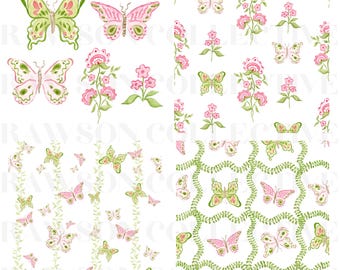 Imágenes prediseñadas de jardín de mariposas rosas en acuarela, patrones sin costuras pintados a mano, arte para diseñadores de papelería, PNG con fondo transparente