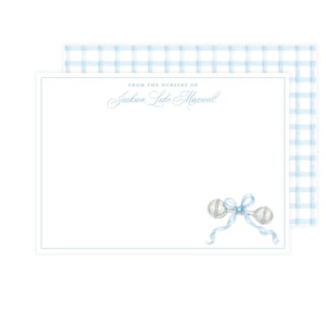 Newborn Nursery Stationery, Custom Personalized Stationery for Thank You Notes, Blue Gingham with Silver Rattle Watercolor Notecards for Mom