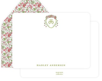 Palm Springs Crest Stationery, Custom Personalized Women's Stationery, Watercolor Girl's Floral Notecards, Envelope Liners