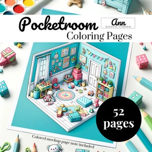 Pocket Room: Interior Cute 52 Coloring Pages, Instant Download, Grayscale Coloring Book, Printable PDF File