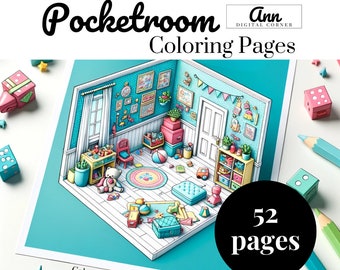 Pocket Room: Interior Cute 52 Coloring Pages, Instant Download, Grayscale Coloring Book, Printable PDF File