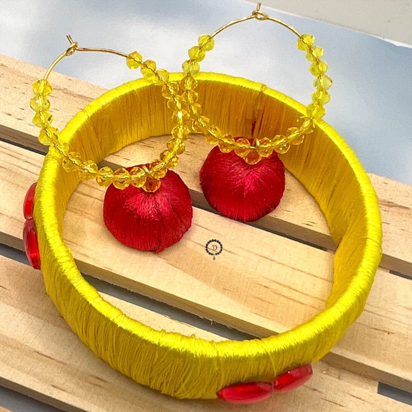 Yellow silk thread Bangle and Earring set / Indian Bangle / Silk thread bangle / Silk bangle / Silk thread set /Indian jewelry