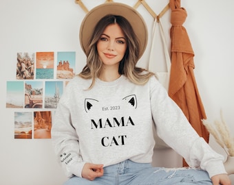 Custom Cat Mama Sweatshirt with Pet Name on Sleeve, Personalized Cat Mom Sweatshirt, Gift for Pet Lovers, Cat Mom Gift, Dog Mom Sweatshirt