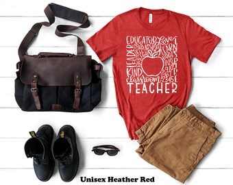 Teacher Apple Typography Art T-Shirt: Unisex Heather Red Tee
