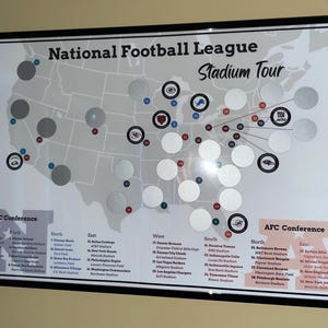 May include: A map of the United States with white circles representing National Football League stadiums. The map is labelled "National Football League Stadium Tour". The map is divided into two conferences: AFC and NFC. Each conference is further divided into four divisions: East, North, South, and West. The names of the teams and their stadiums are listed below the map.