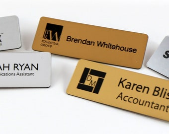 Name Badge Personalised engraved metalic 76mm x 25mm with magnetic or pin holder