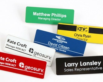 Name badge tag personalised engraving colour 76mm x 25mm with magnetic or pin holder