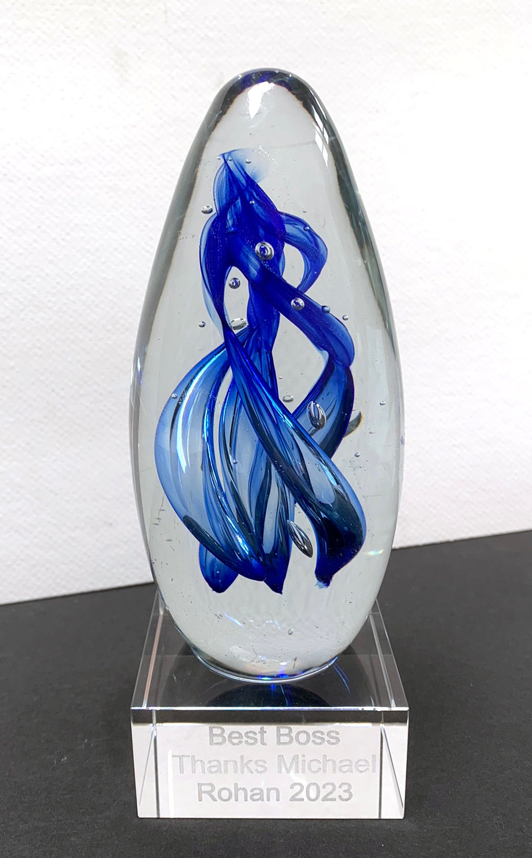 Art glass blue dome trophy award corporate free engraving personalised 180mm