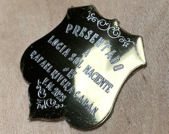 Personalised deep engraved gold shield plate adhesive metal trophy any icon or swirl