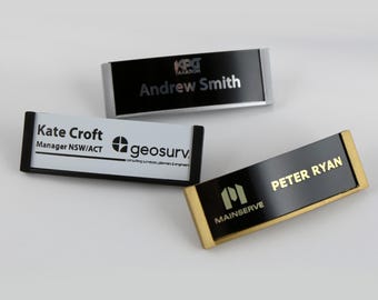 Name Badge Tag Curved engraved aluminium 65mm x 21mm with Magnetic holder