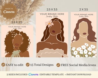 3 Sizes X 15 Editable CANVA Earring Card Template | Floral Woman Portrait | Earring Package Template