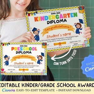 Bearbeitbares Kindergarten-Grade-Schul-Pre-K-Zertifikat-Diplom | Bearbeitbare CANVA-Vorlage | 4 Farben erhältlich