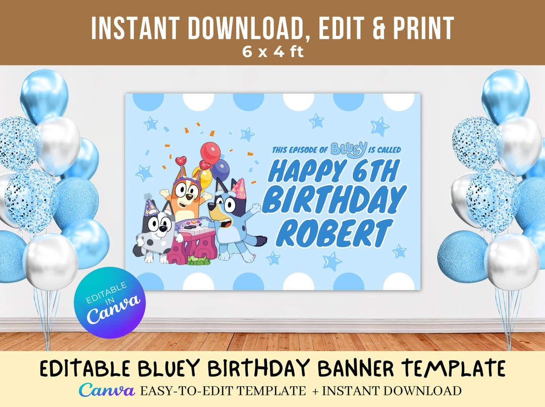 Bluey Editable Blue Birthday Banner | Digital Birthday Party Wall Decor ...