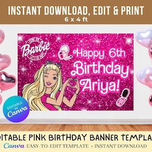 Banner personalizzato modificabile con motivo Barbi Sparkle rosa / Modello Canva / Decorazione da parete per ragazze / Download immediato