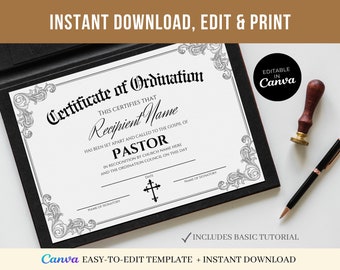 Plantilla de certificado de ordenación pastoral / Certificado imprimible de la iglesia (Canva editable)