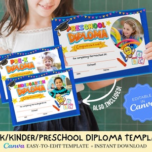 Plantilla editable para diploma de preescolar, jardín de infantes y preescolar / Certificado de preescolar IMPRIMIBLE / Plantilla Canva / Diploma de graduación / Certificado