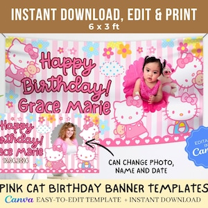 Può includere: Banner di compleanno rosa e bianco con personaggi di Hello Kitty e il testo "Happy Birthday! Grace Marie". Il banner misura 183 cm di larghezza per 91 cm di altezza ed è modificabile in Canva.