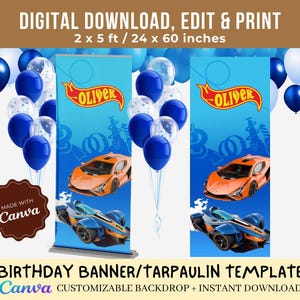 Custom Name Hot Cars Wheel Birthday Banner | Canva Template | Racing Car Birthday Party | Instant Download Printable Backdrop