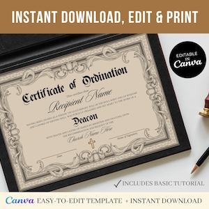 May include: Editable certificate of ordination template in Canva. The certificate has a vintage design with ornate borders and a cross at the bottom. The text reads "Certificate of Ordination" and "This certifies that Recipient Name having been chosen as a person of good report, full of the Holy Spirit and of wisdom and capable of serving well, was publicly ordained and set apart to the work of a Deacon with prayer and laying on of hands by ministers and deacons, upon the recommendation and request of the Church Name Here."