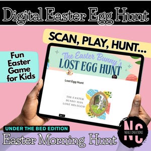 Puede incluir: Un juego digital de búsqueda de huevos de Pascua para niños. La pantalla muestra una ilustración colorida de un conejito de Pascua con el texto "The Easter Bunny's Lost Egg Hunt". El texto "Lost Egg Hunt" también se muestra en la pantalla. El texto "The Easter Bunny has lost his eggs!" se muestra en la pantalla. La pantalla está siendo sostenida por las manos de una persona. El texto "Under the Bed Edition Easter Morning Hunt" se muestra en la parte inferior de la imagen. El texto "NC Neale Creations" se muestra en la esquina inferior derecha de la imagen.