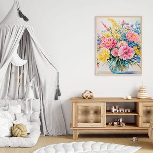 Colorful Flowers in Vase Watercolor Prints - Digital Download Wall Art Decor
