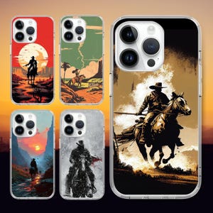 May include: A collection of phone cases featuring cowboy-themed illustrations. The designs showcase cowboys on horseback in various desert landscapes, with color palettes ranging from vibrant reds and oranges to muted greens and grays.