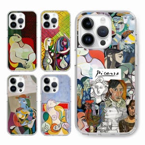 May include: Set of five clear phone cases with colorful abstract art prints featuring the work of Pablo Picasso. The cases feature a variety of Picasso's famous paintings, including "Guernica", "Les Demoiselles d'Avignon", and "The Old Guitarist".