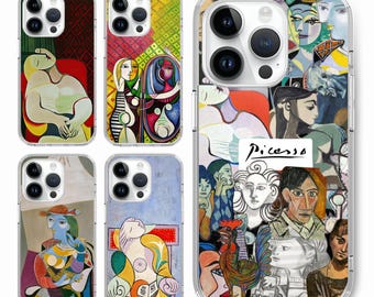 May include: Set of five clear phone cases with colorful abstract art prints featuring the work of Pablo Picasso. The cases feature a variety of Picasso's famous paintings, including "Guernica", "Les Demoiselles d'Avignon", and "The Old Guitarist".