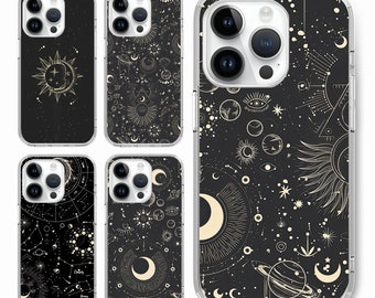 May include: A collection of black phone cases with celestial designs. Each case features a different pattern, including suns, moons, stars, planets, and constellations in a gold color. The cases are made of a clear, protective material.