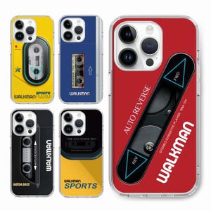 May include: A selection of phone cases with vintage Walkman designs. The cases display a range of colours, such as yellow, blue, black, and red, with cassette player and Walkman graphics. Text includes "WALKMAN", "SPORTS", and "MEGA BASS".