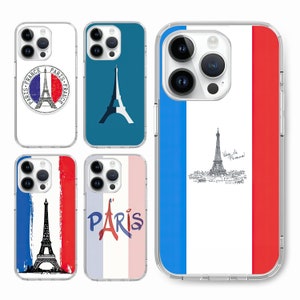 以下が含まれることがあります： フランスとパリをテーマにしたデザインの透明な携帯電話ケースのコレクション。ケースにはエッフェル塔、フランス国旗、さまざまなスタイルの「パリ」の文字が表示されています。一部のケースには「Vive la France！」の文字があります。