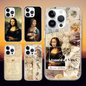 Puede incluir: Conjunto de 5 fundas para teléfono con diferentes diseños artísticos. Las fundas son transparentes con un borde blanco y presentan imágenes de pinturas y dibujos famosos de Leonardo da Vinci. El texto "Leonardo da Vinci" y "Remarques des Vinci" está impreso en las fundas.