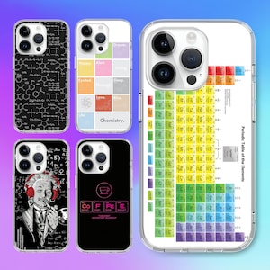 May include: Four different phone cases with various designs. The first case has a black and white pattern of chemical formulas. The second case has a colorful grid with words like "Dream", "Happy", "Alert", "Living", "Excited", "Through", "Love", "Bliss", "Life", and "Chemistry". The third case has a black and white illustration of Albert Einstein wearing headphones and holding a test tube. The fourth case has a black background with the words "COFFEE" in pink letters and the chemical symbols for carbon, oxygen, fluorine, iron, and  einsteinium. The text "THE MOST IMPORTANT ELEMENT" is below the chemical symbols.