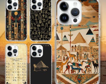 May include: Four different iPhone cases with Egyptian-themed designs. The first case features hieroglyphics and a golden scarab beetle. The second case features a black background with gold hieroglyphics. The third case features a black background with a gold pyramid and palm trees. The fourth case features a colorful scene of ancient Egyptian life with pyramids, people, and animals.