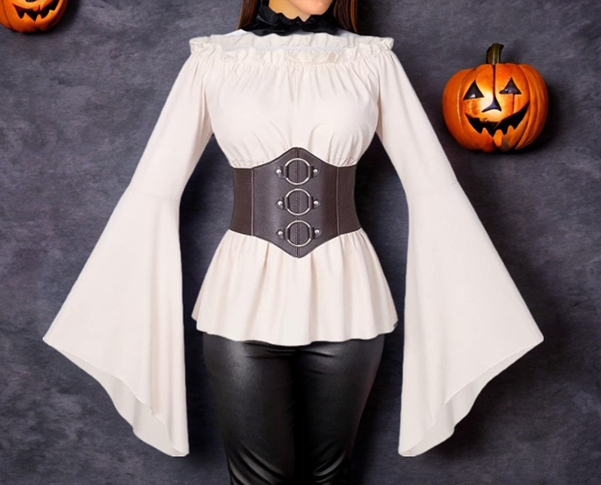 KUOIN Off Shoulder Pirate Shirt for Women Halloween Cosplay Medieval Blouse  with PU Corset US Size