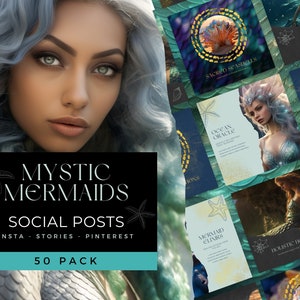 Mystic Mermaids Spiritual Instagram Templates, Social Media Templates, Instagram Template Canva, Shimmery Green & Blue Instagram Bundle