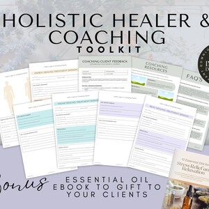Könnte beinhalten: Ein Bild mit gedruckten Dokumenten und einem E-Book. Die Dokumente gehören zu einem "Holistic Healer & Coaching Toolkit" mit Formularen für Coaching und Heilsitzungen. Das E-Book trägt den Titel "10 Essential Oils for Stress Relief and Relaxation". Der Text "Bonus Essential Oil Ebook to Gift to Your Clients" ist ebenfalls enthalten.